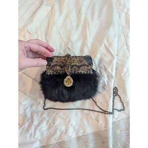 Vintage Mary Frances Black Fur Jewel Embellished Handbag Purse Crossbody